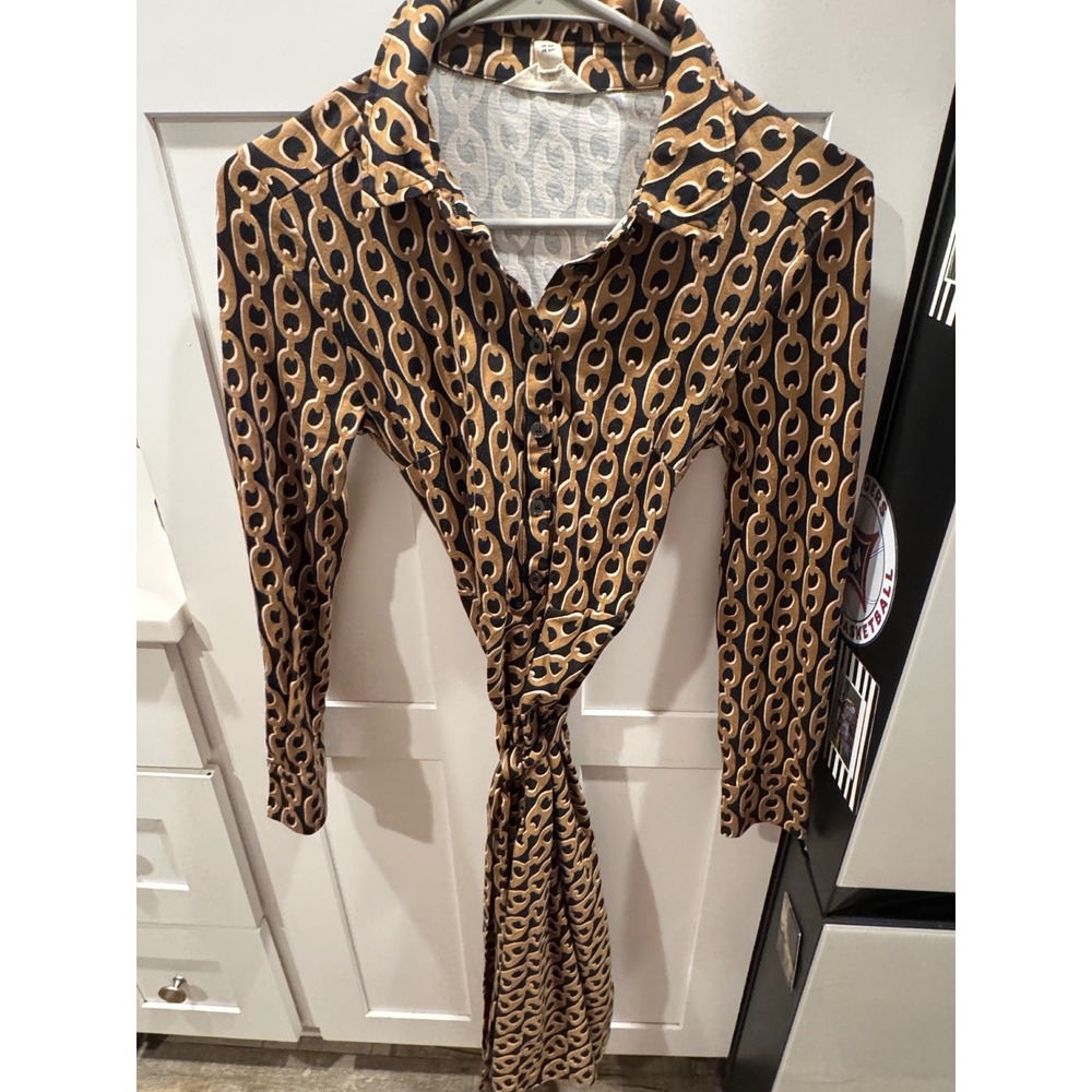 Boden Women Gold Black Chain Link Print Long Sleeve Tie Waist Shirt Dress 2P